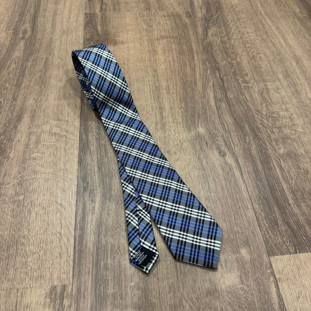 Ben Sherman Mens Navy Blue Gray White Plaid Tartan Neck Tie 100% Silk 56" x 3"